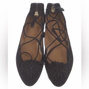 Aquazzura Black Suede Pom-Pom Lace-Up Flats
